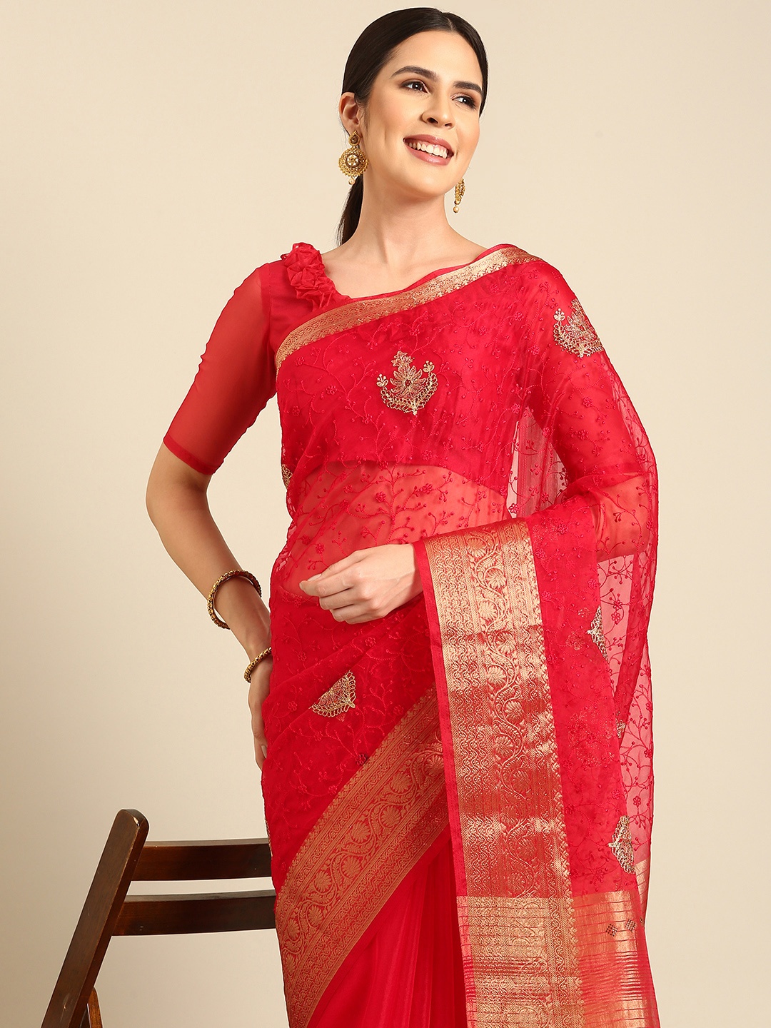 

HERE&NOW Floral Zari Organza Saree, Maroon