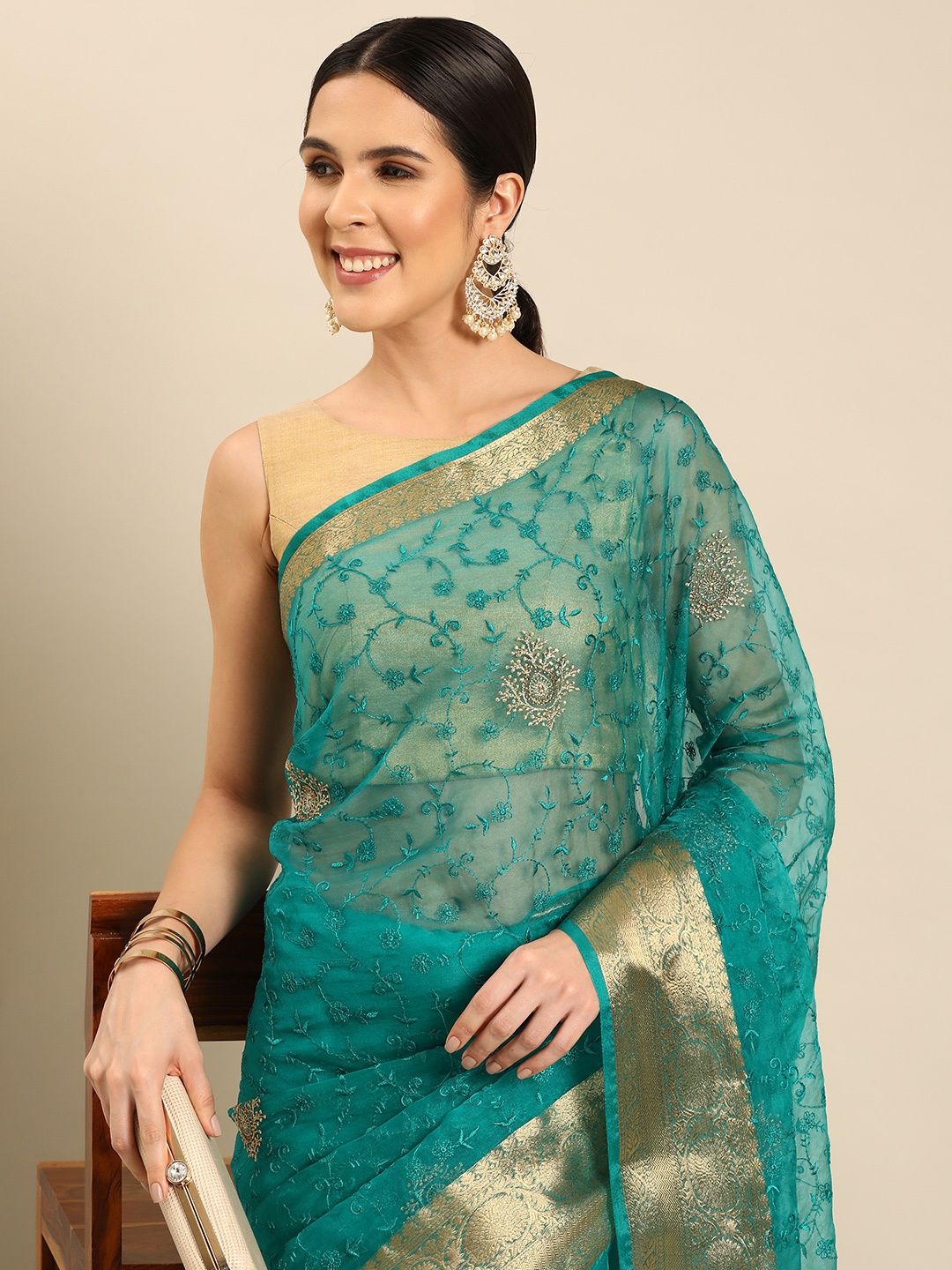 

HERE&NOW Floral Embroidered Zari Organza Saree, Turquoise blue