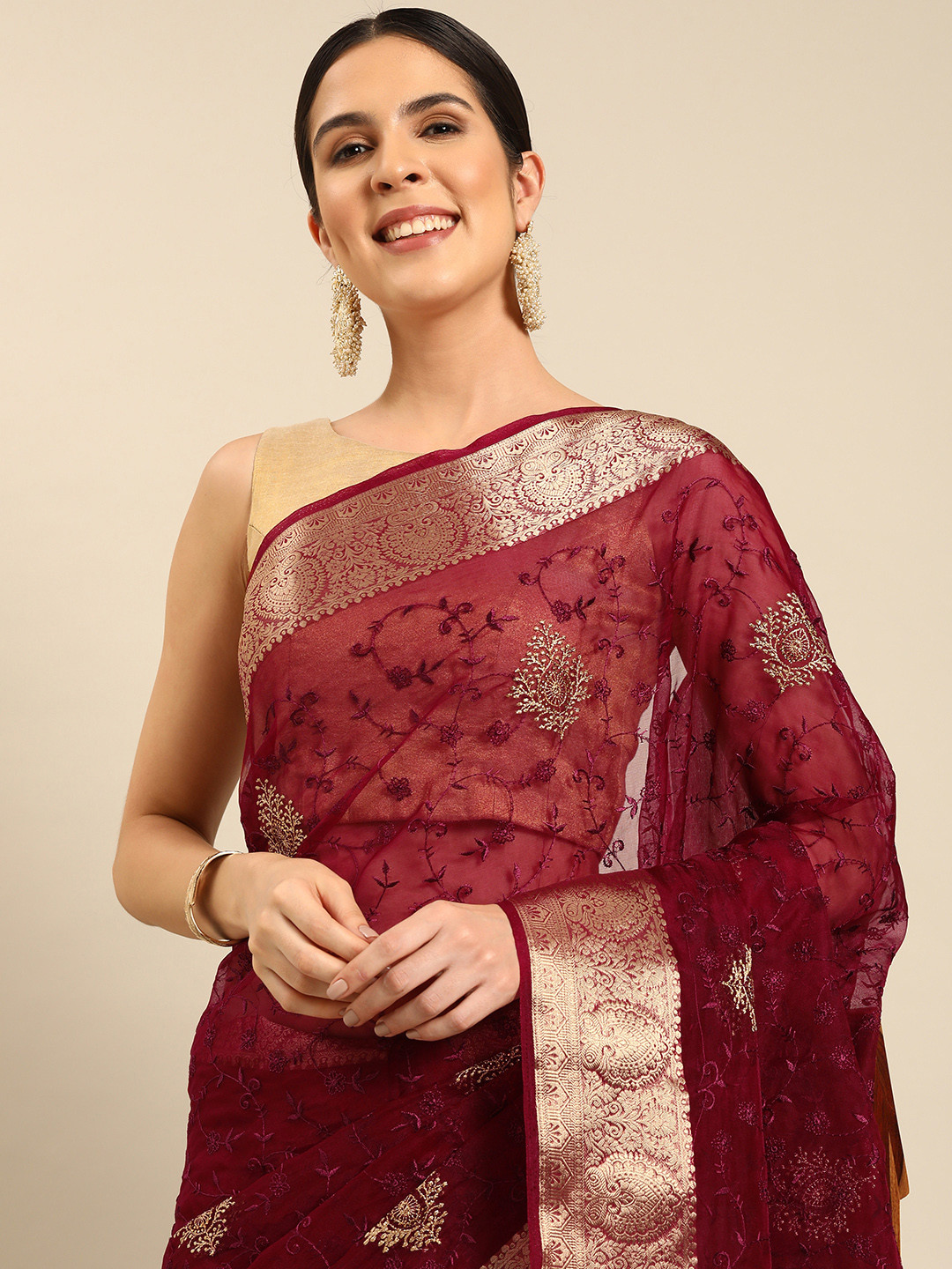 

HERE&NOW Floral Embroidered Zari Organza Saree, Purple