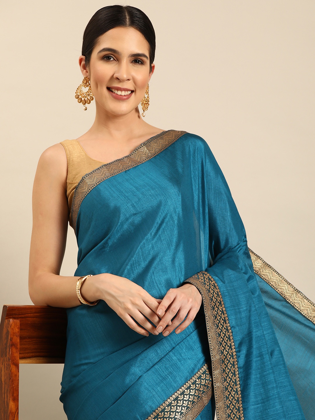 

HERE&NOW Solid Zari Saree, Blue