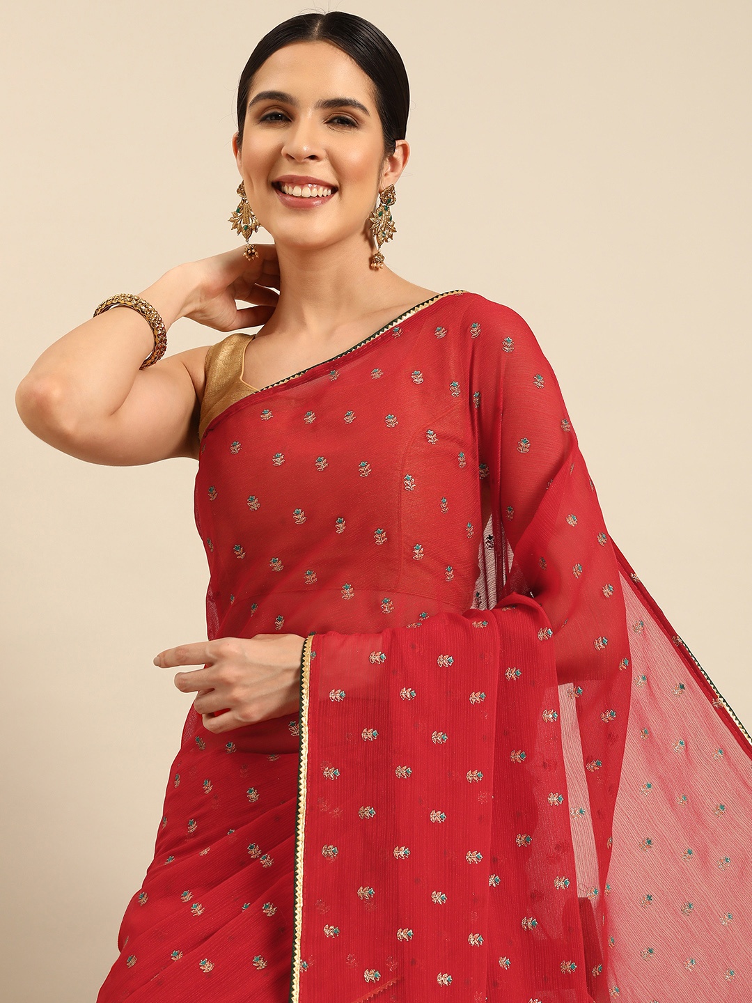 

HERE&NOW Floral Embroidered Gotta Patti Saree, Red