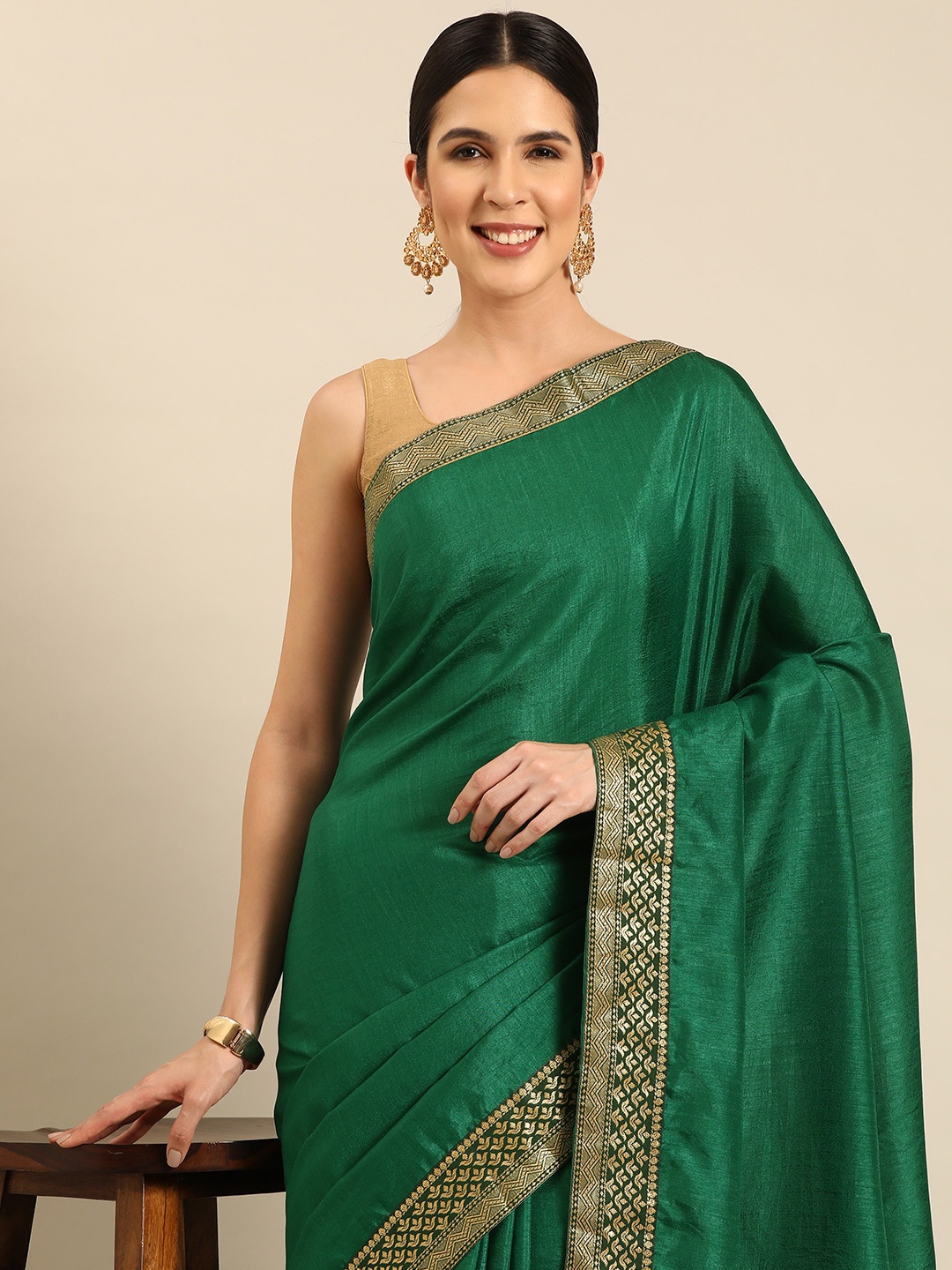 

HERE&NOW Solid Woven Design Silk Blend Saree, Green