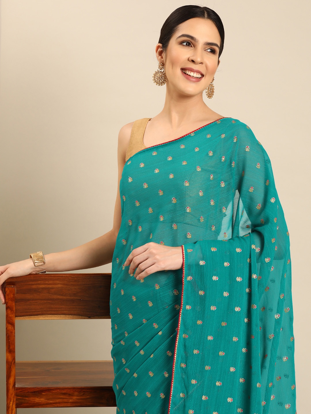 

HERE&NOW Ethnic Motifs Woven Design Gotta Patti Saree, Sea green
