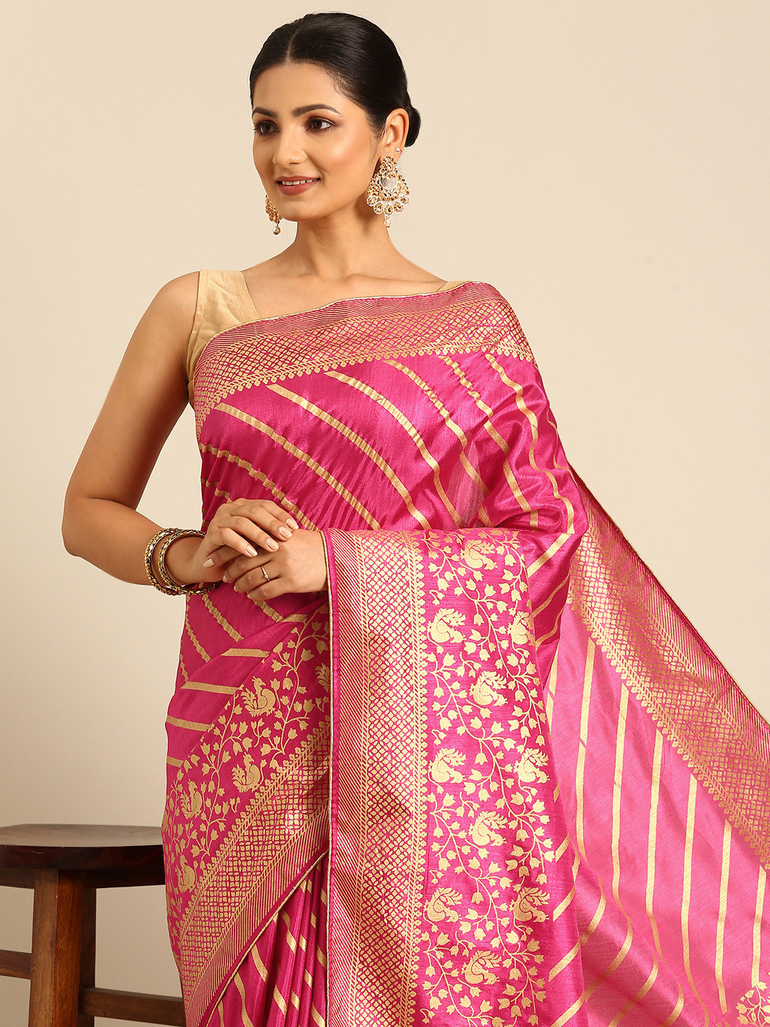 

HERE&NOW Striped Vichitra Silk Foil Work Saree, Pink