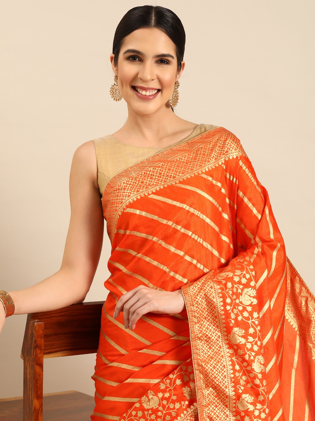 

HERE&NOW Striped Woven Design Saree, Orange