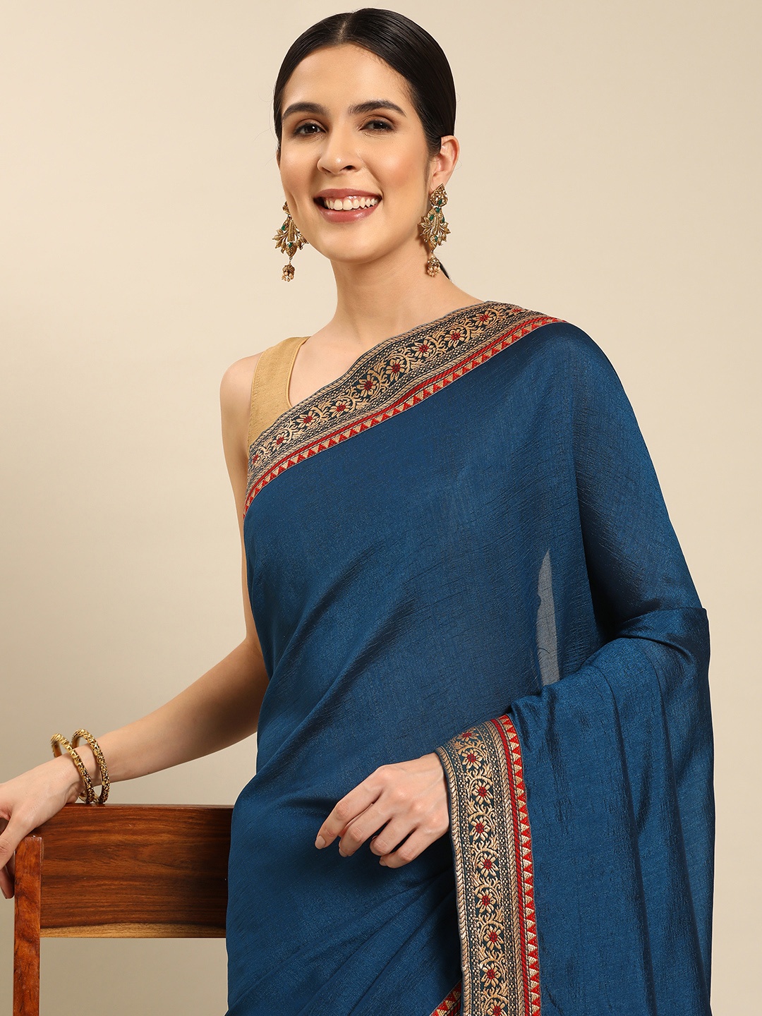 

HERE&NOW Solid Silk Blend Saree, Teal
