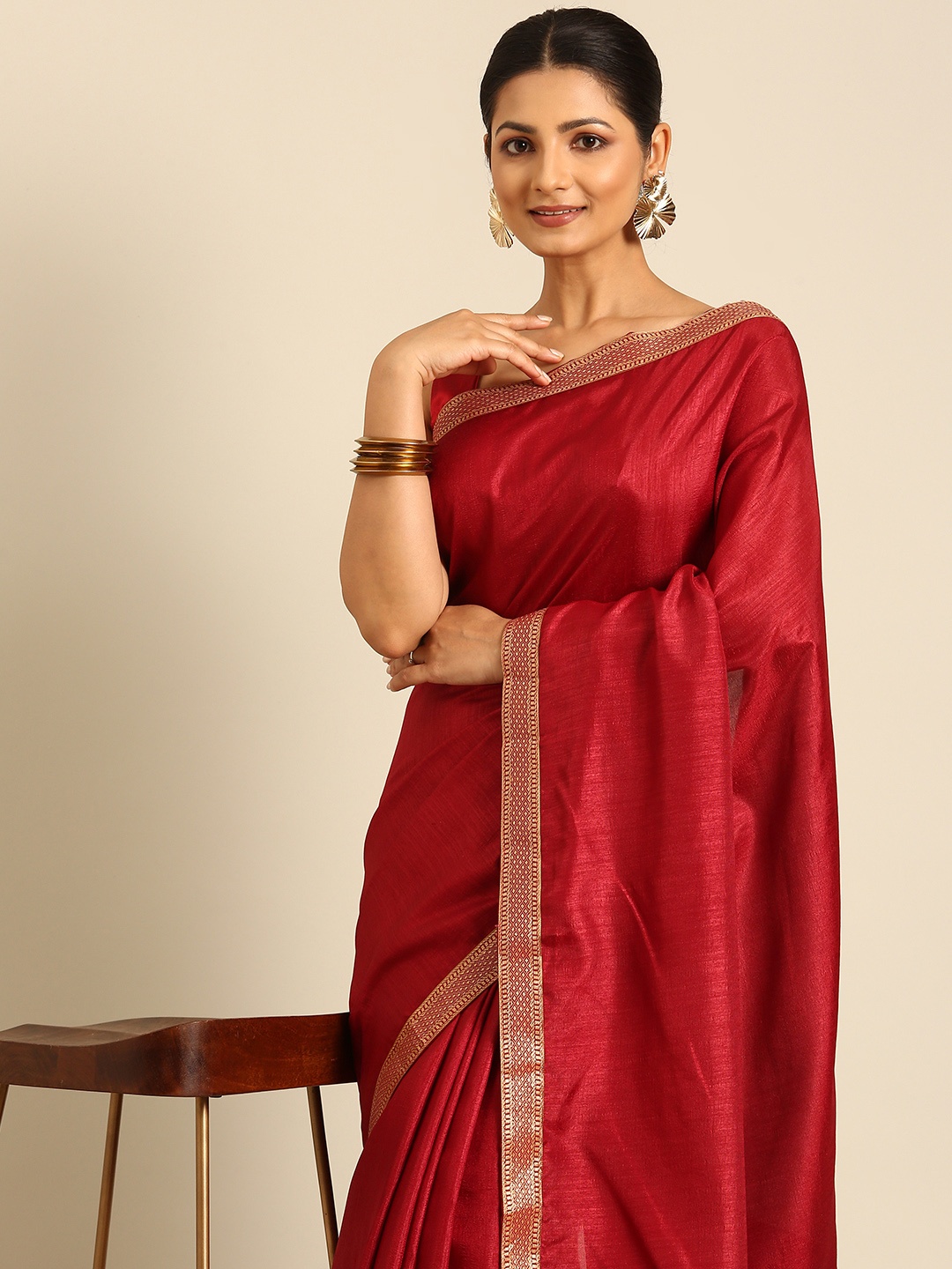 

HERE&NOW Vichitra Silk Fancy Border Saree, Maroon