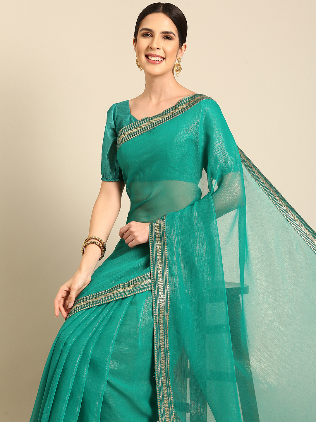 

HERE&NOW Pure Georgette Saree, Turquoise blue