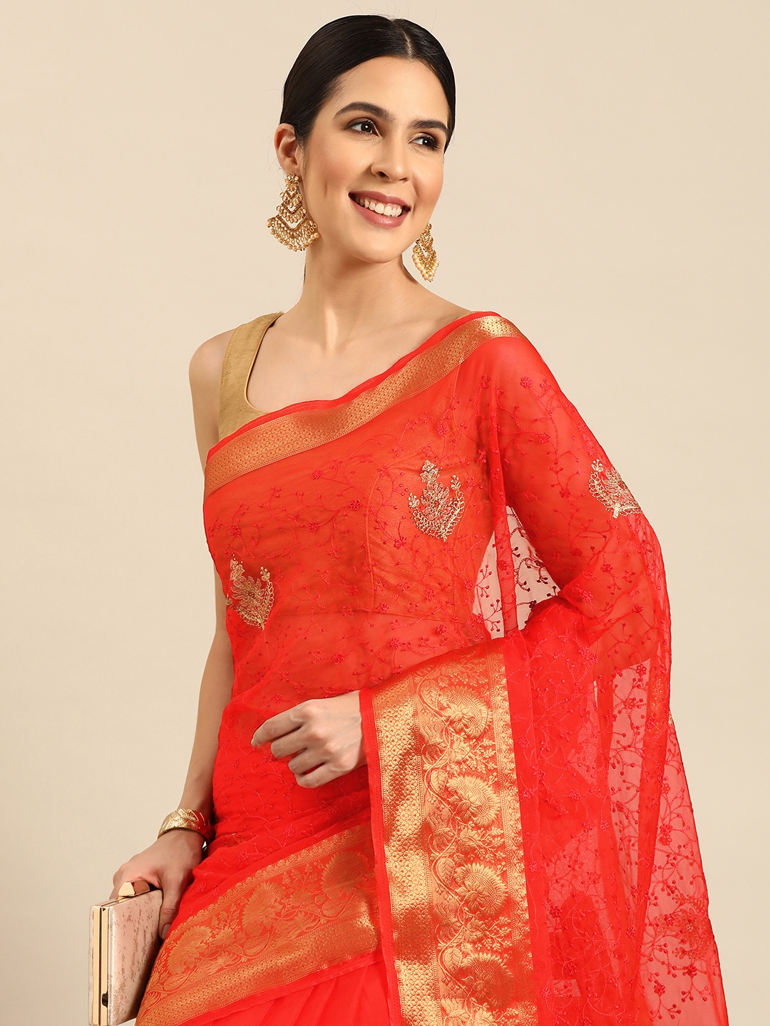 

HERE&NOW Floral Embroidered Organza Saree, Red