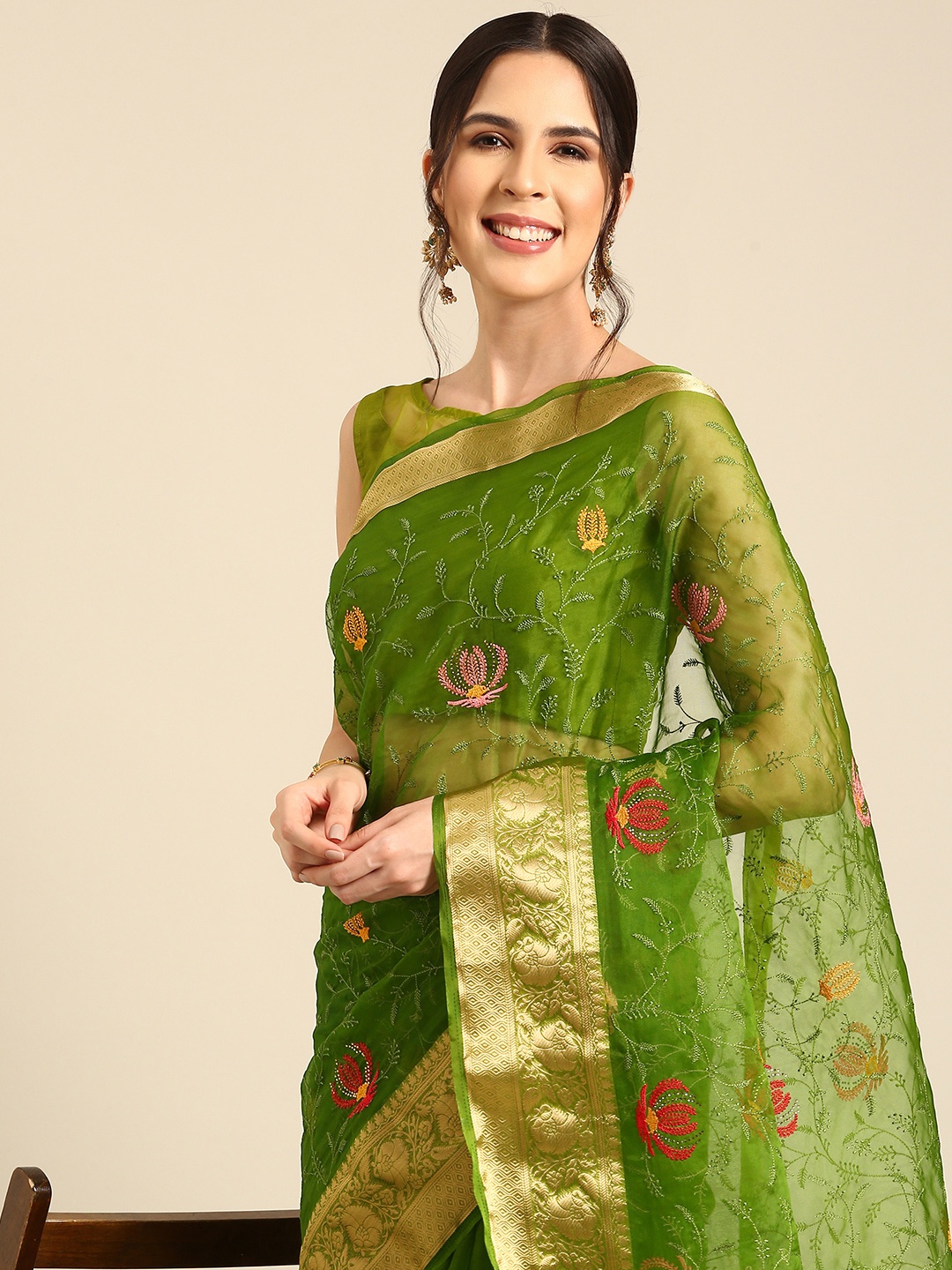 

HERE&NOW Embroidered Floral Beads & Stones Organza Saree, Green