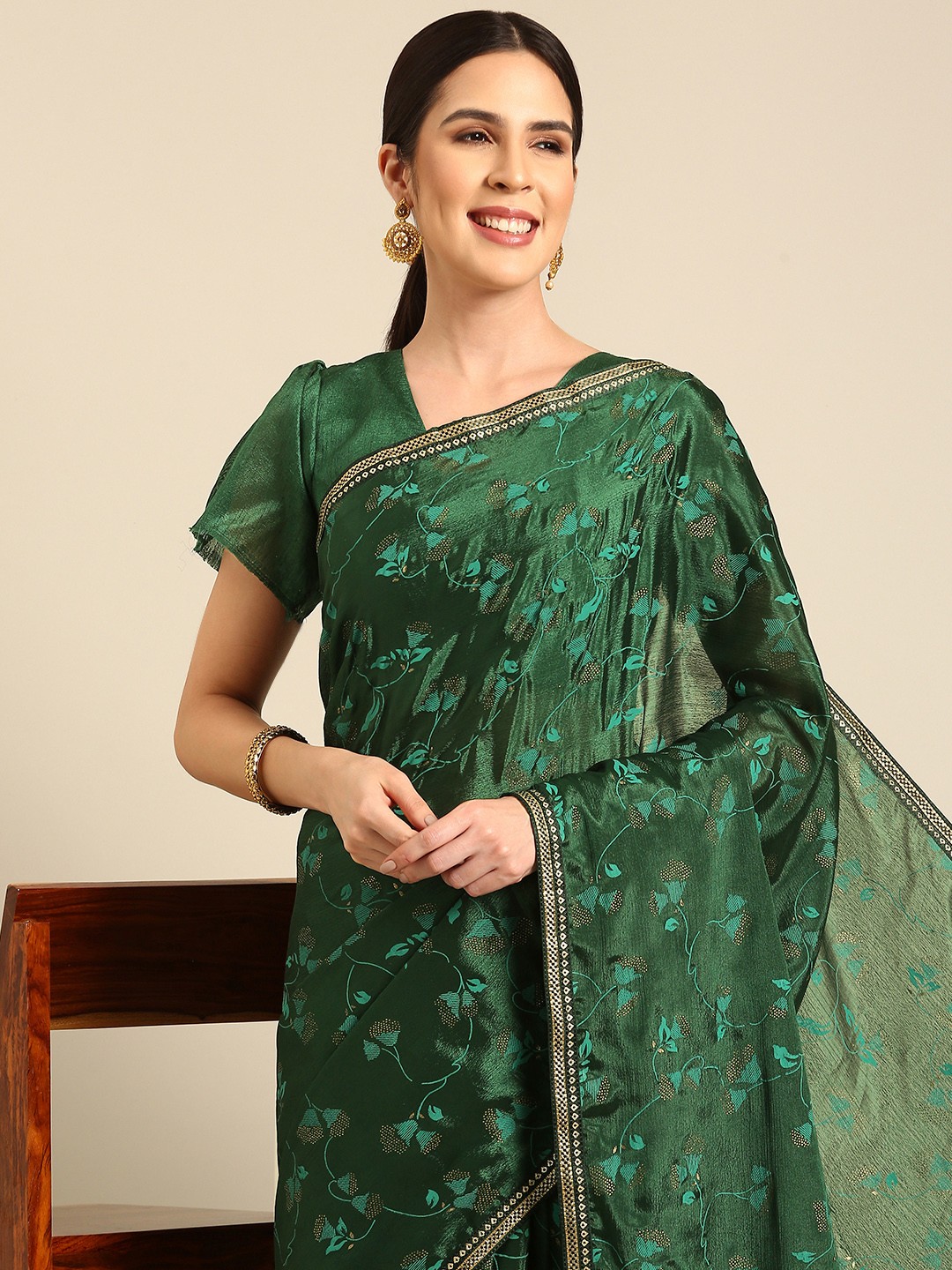 

HERE&NOW Floral Chinon Silk Zari Saree, Green