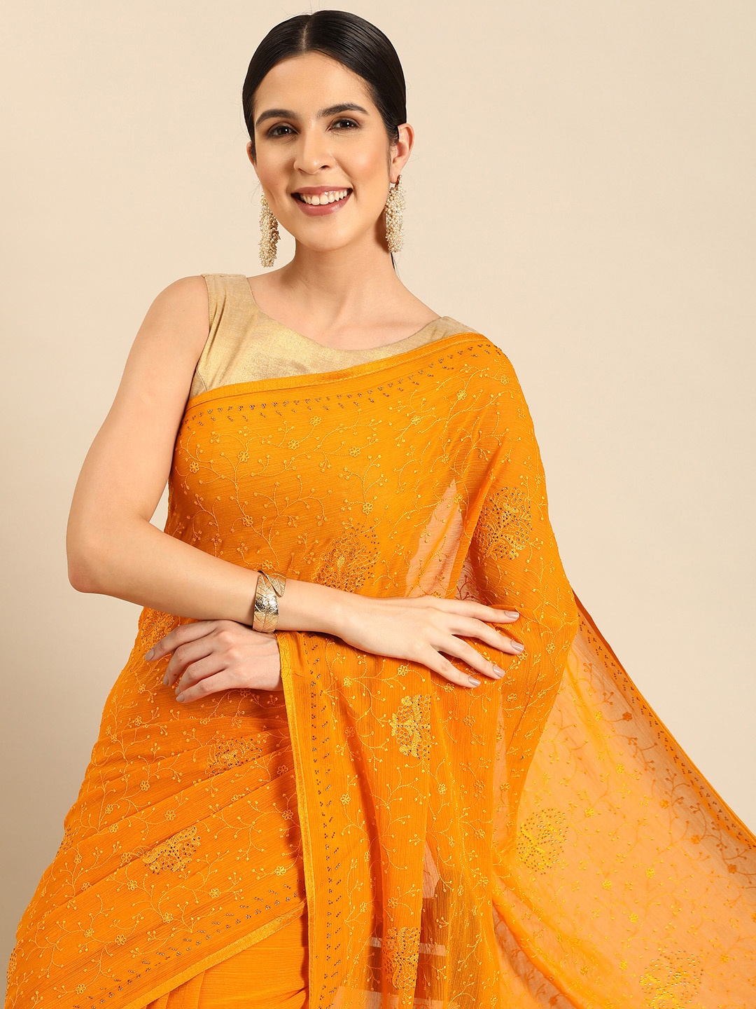 

HERE&NOW Floral Embroidered Stones-Studded Saree, Yellow