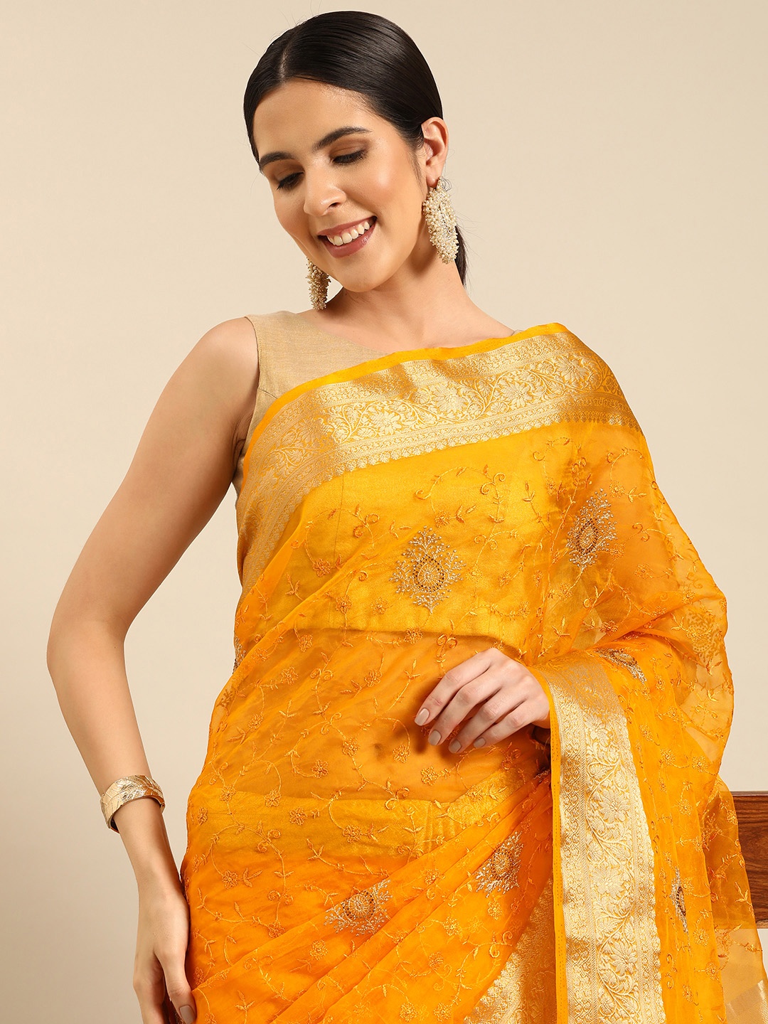 

HERE&NOW Floral Embroidered Organza Saree, Yellow
