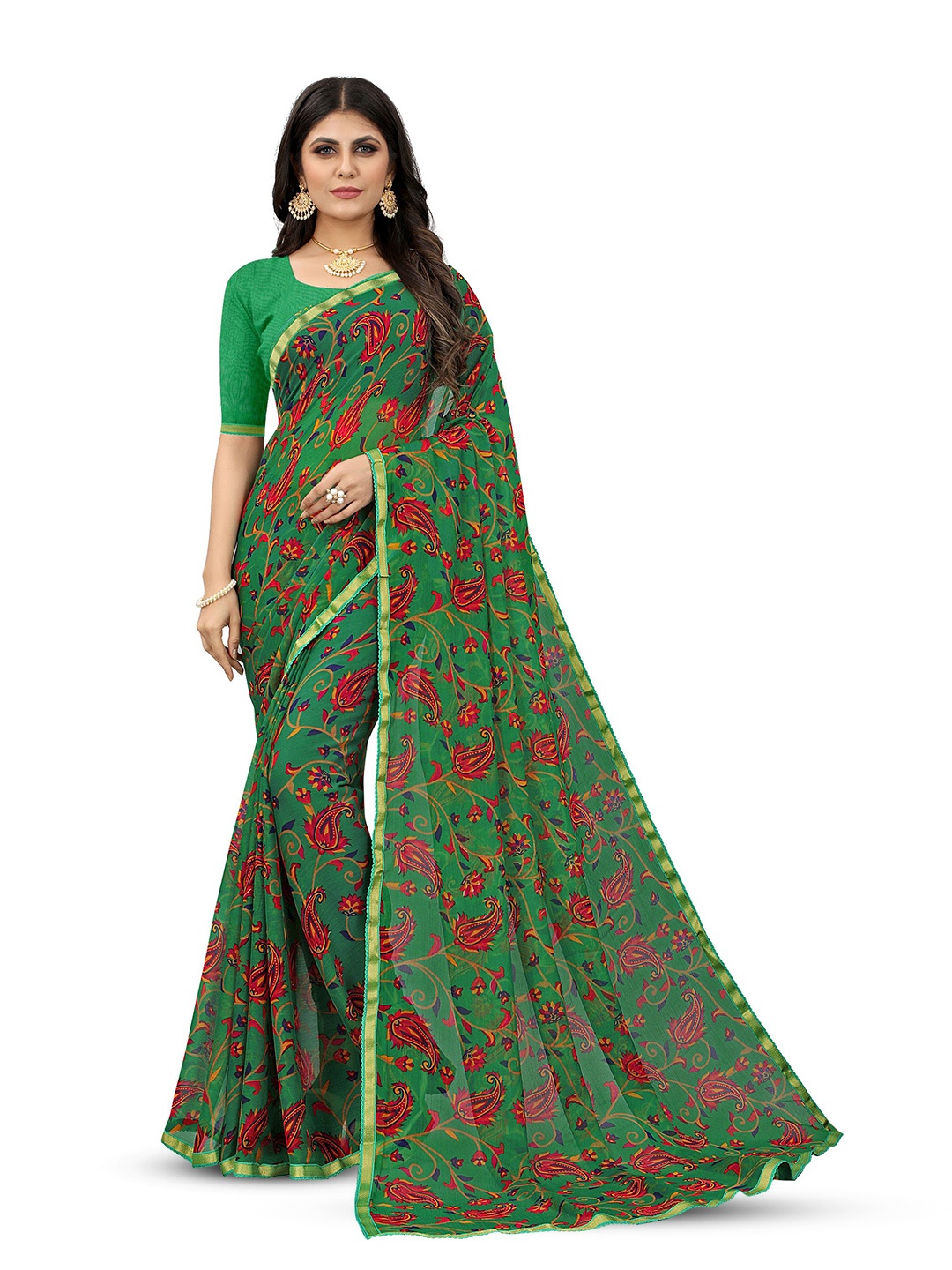 

DIVASTRI Ethnic Motifs Zari Pure Chiffon Jamdani Saree, Green