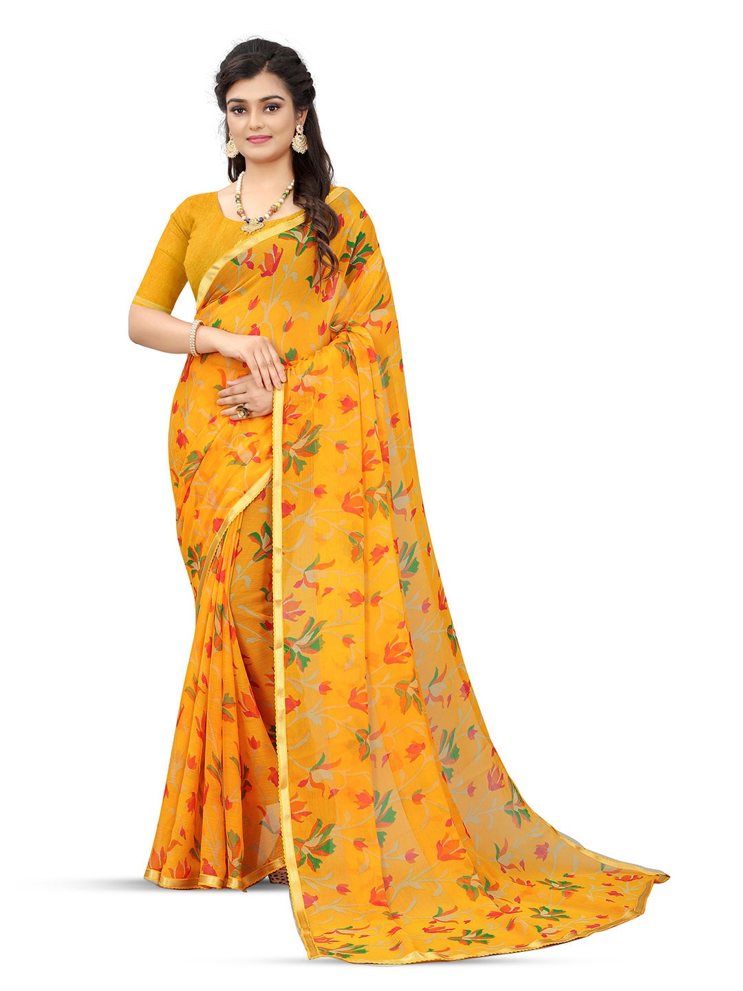 

DIVASTRI Floral Zari Pure Chiffon Jamdani Saree, Yellow