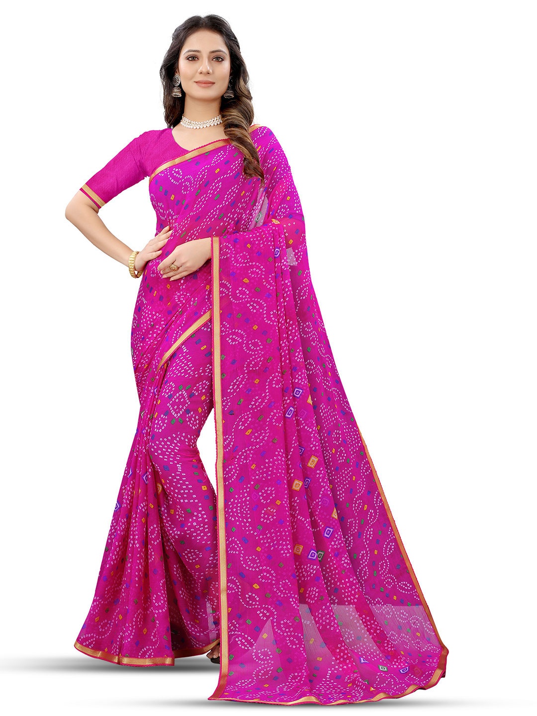 

DIVASTRI Bandhani Pure Chiffon Jamdani Saree, Pink