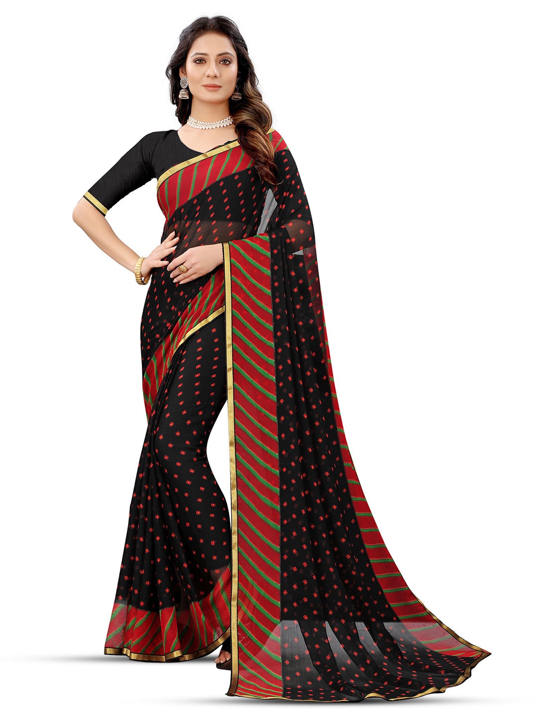 

DIVASTRI Bandhani Pure Chiffon Jamdani Saree, Black