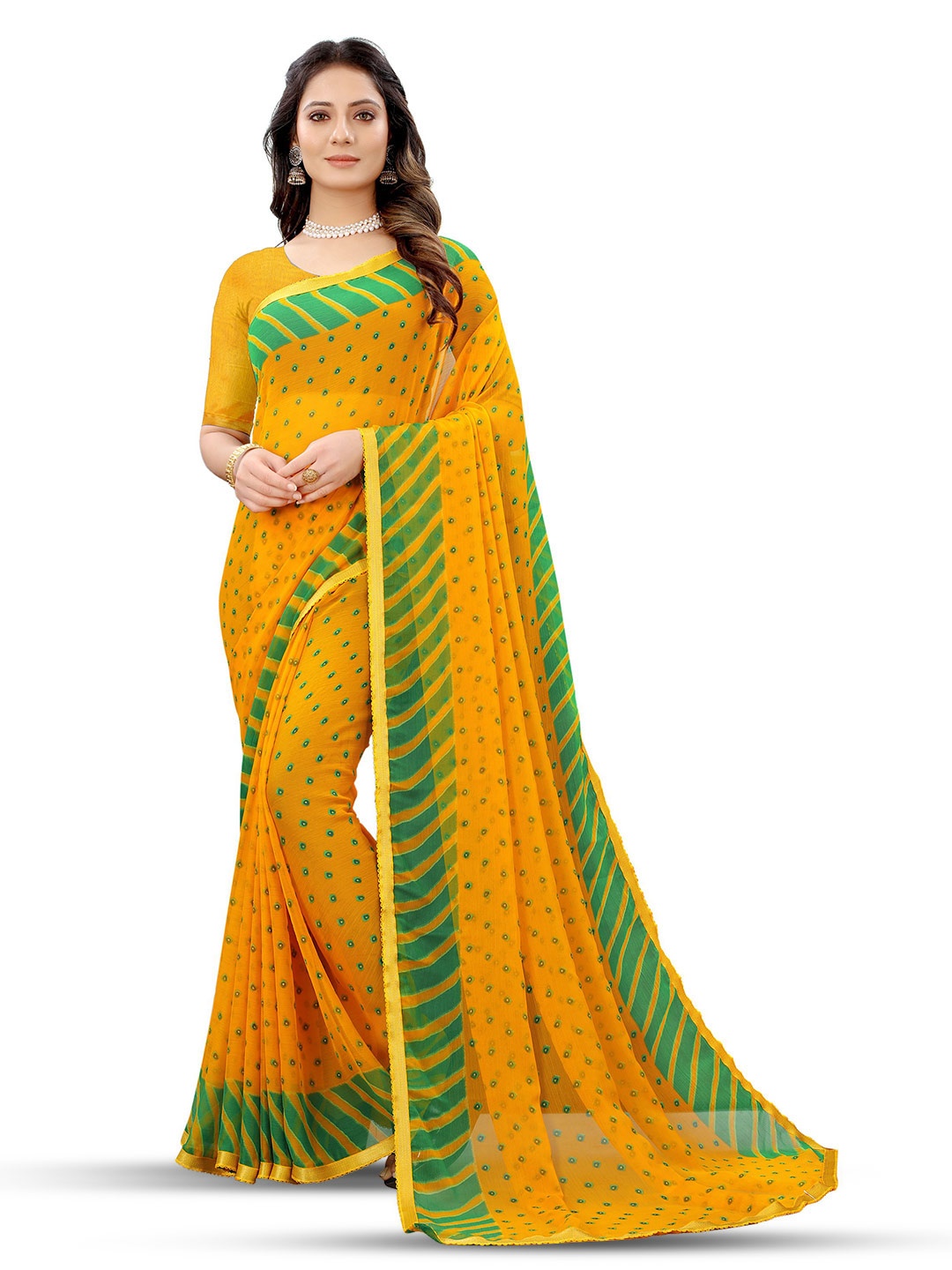 

DIVASTRI Bandhani Zari Pure Chiffon Jamdani Saree, Yellow
