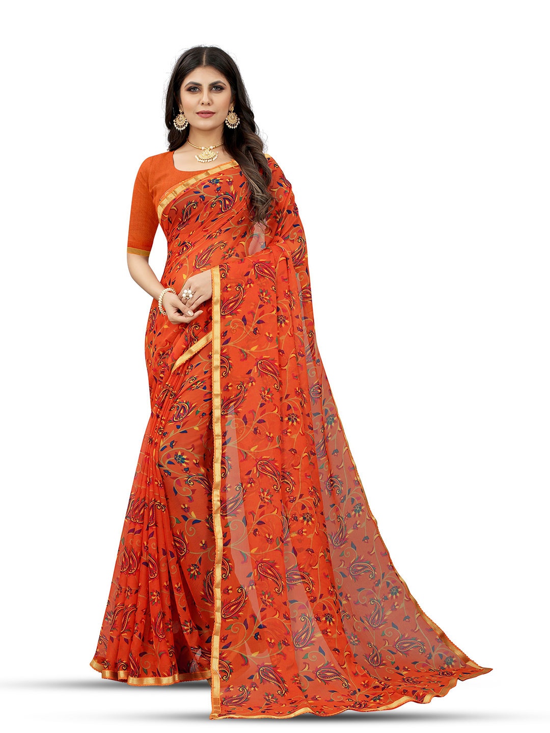 

DIVASTRI Floral Zari Pure Chiffon Jamdani Saree, Red