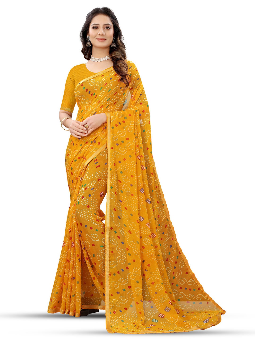 

DIVASTRI Bandhani Zari Pure Chiffon Jamdani Saree, Yellow