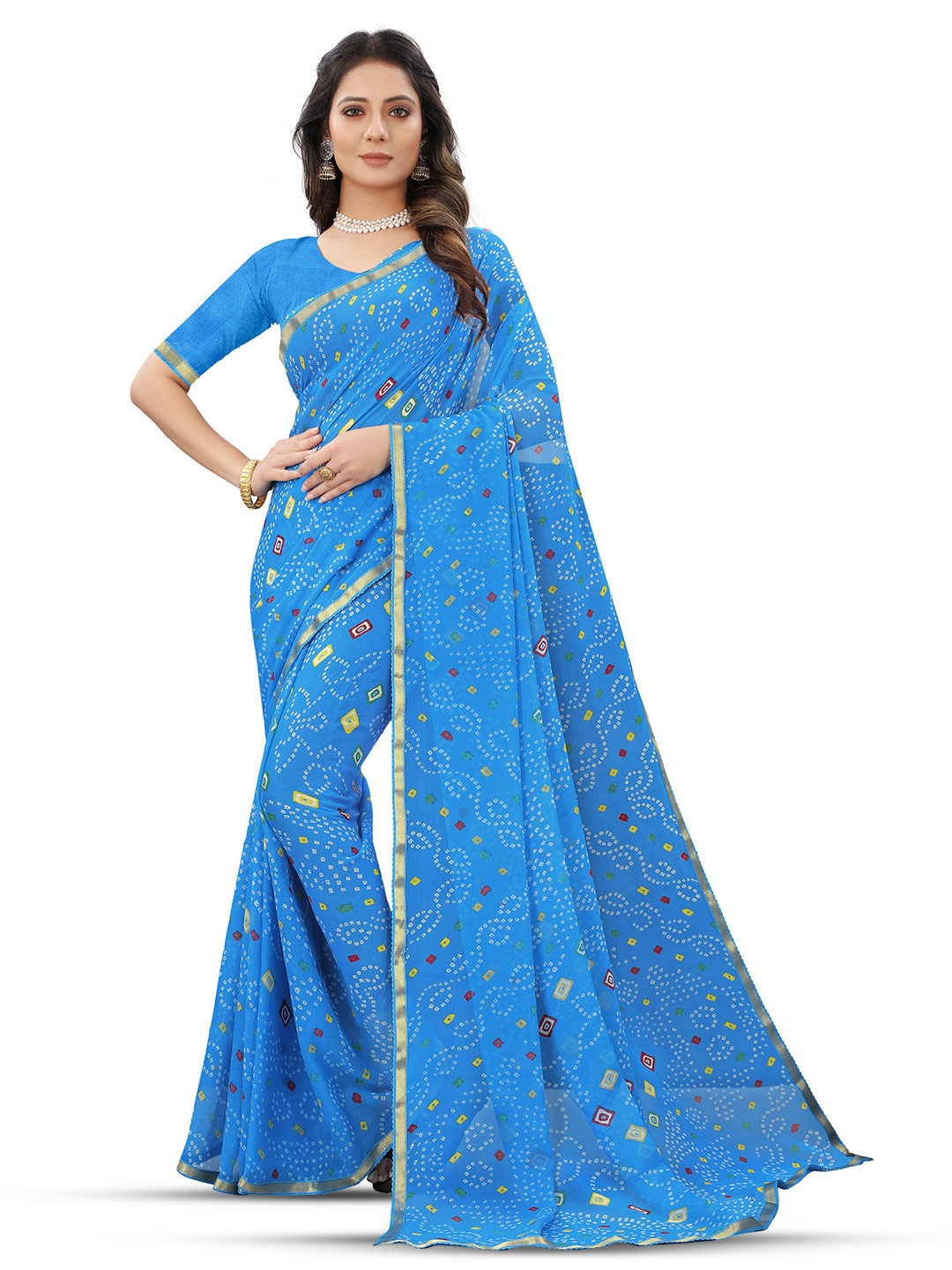 

DIVASTRI Bandhani Zari Pure Chiffon Jamdani Saree, Blue
