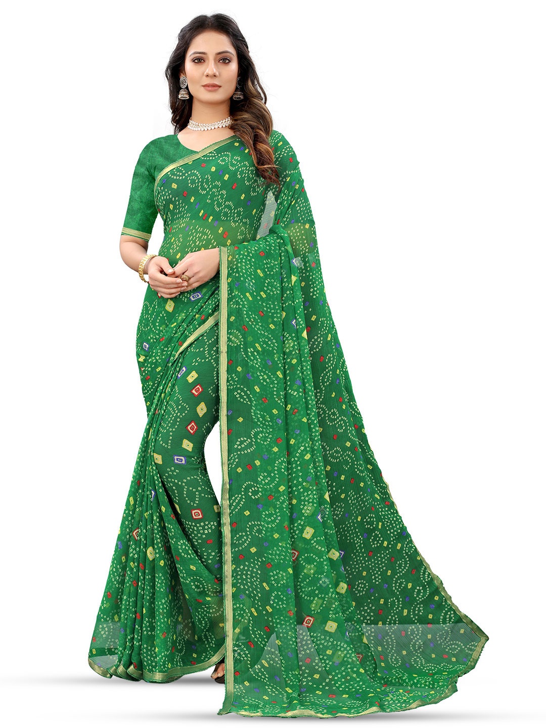 

DIVASTRI Bandhani Pure Chiffon Jamdani Saree, Green