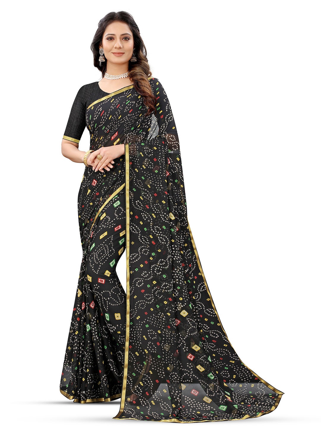 

DIVASTRI Bandhani Pure Chiffon Jamdani Saree, Black
