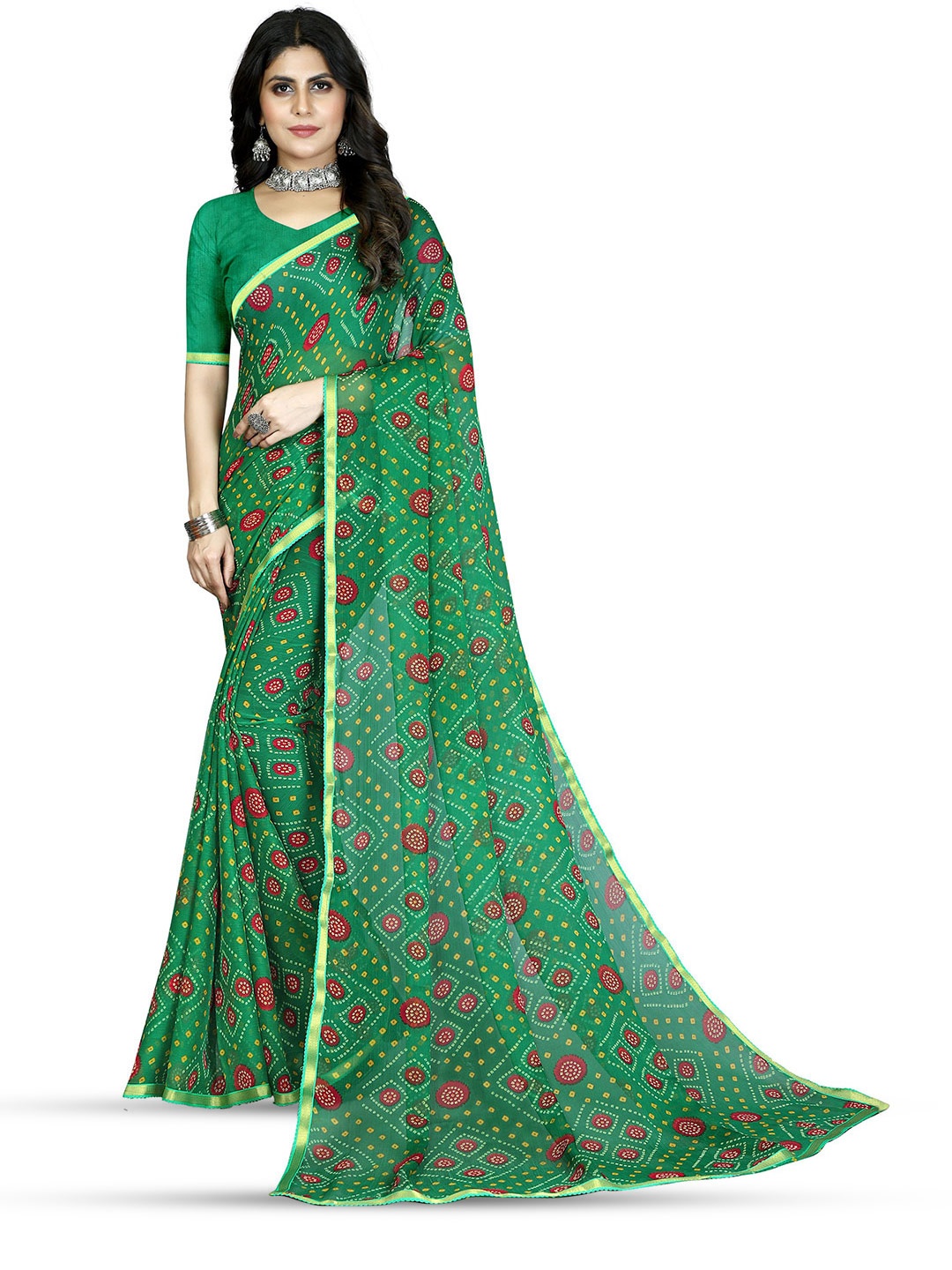 

DIVASTRI Bandhani Pure Chiffon Jamdani Saree, Green