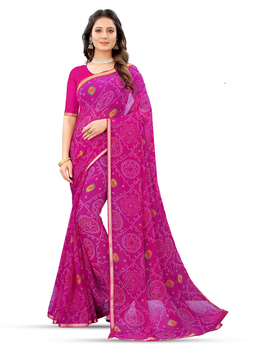 

DIVASTRI Bandhani Zari Pure Chiffon Jamdani Saree, Pink