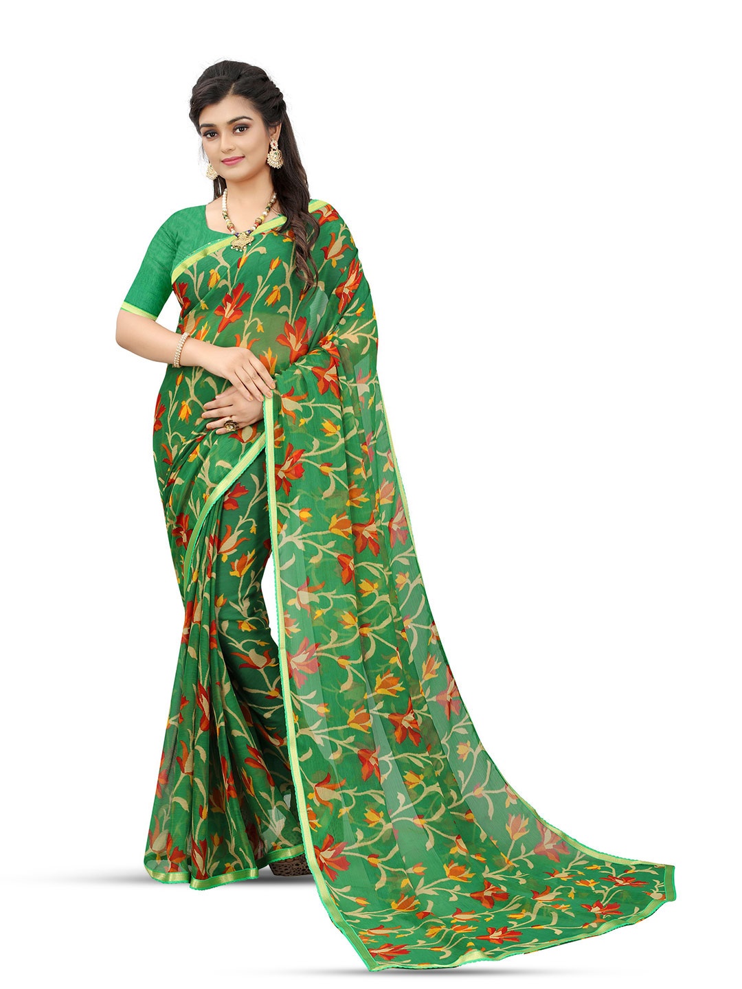 

DIVASTRI Ethnic Motifs Printed Pure Chiffon Jamdani Saree, Blue