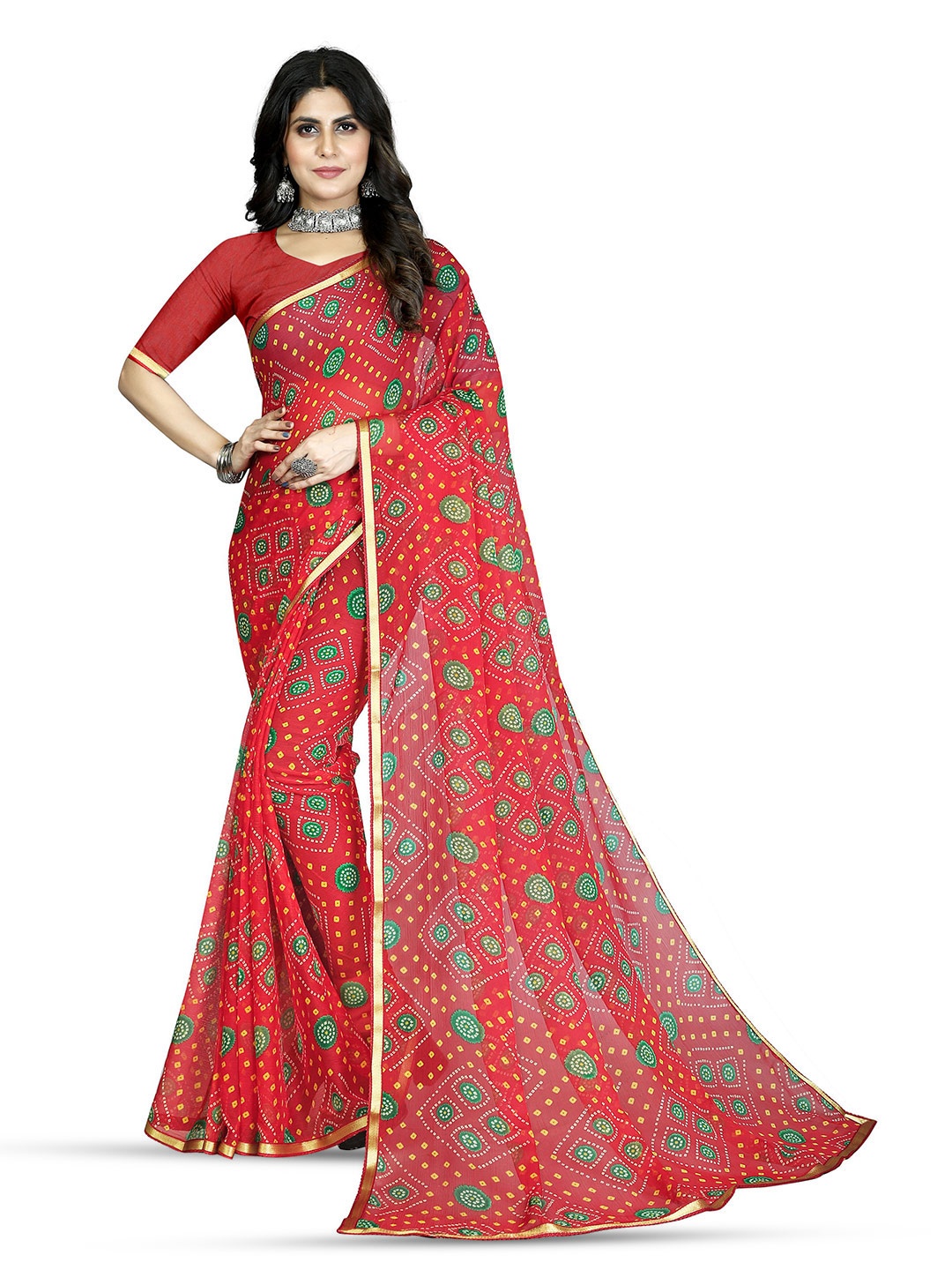 

DIVASTRI Bandhani Printed Pure Chiffon Jamdani Saree, Red