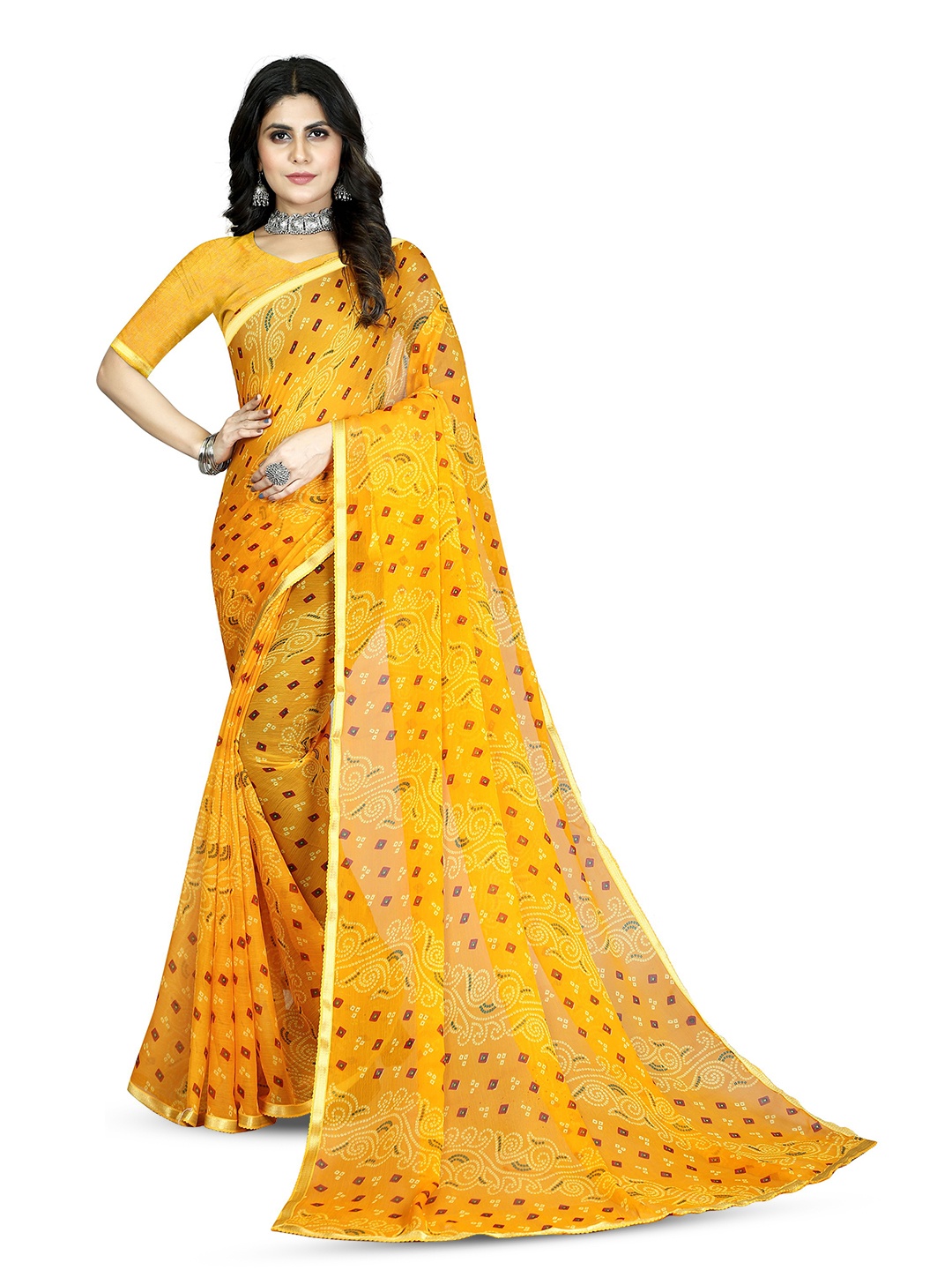 

DIVASTRI Bandhani Printed Zari Pure Chiffon Jamdani Saree, Yellow