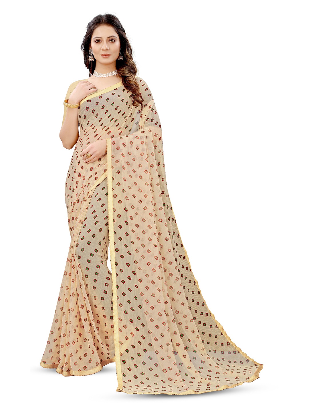 

DIVASTRI Bandhani Printed Pure Chiffon Jamdani Saree, Cream
