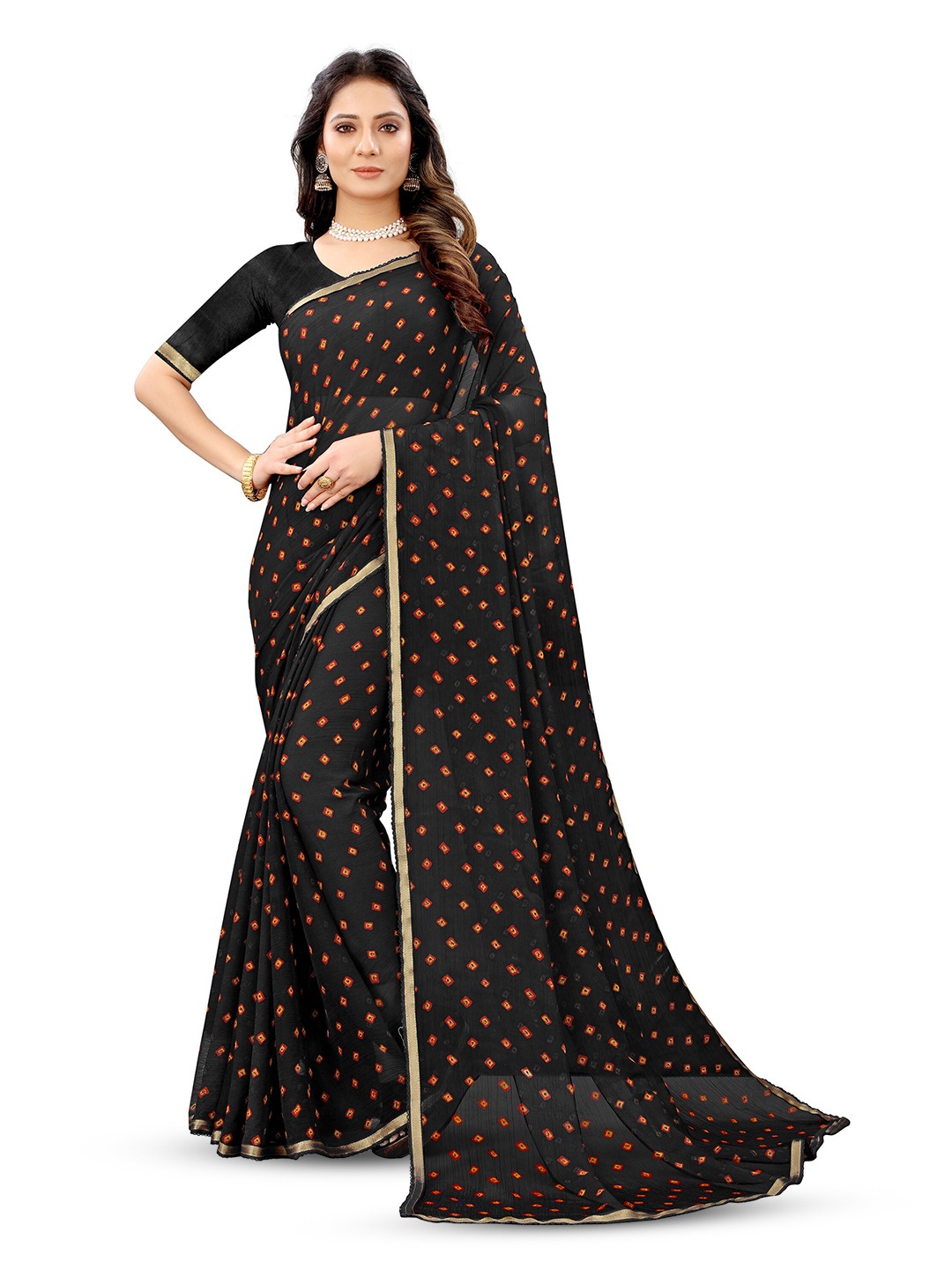 

DIVASTRI Bandhani Printed Pure Chiffon Jamdani Saree, Black