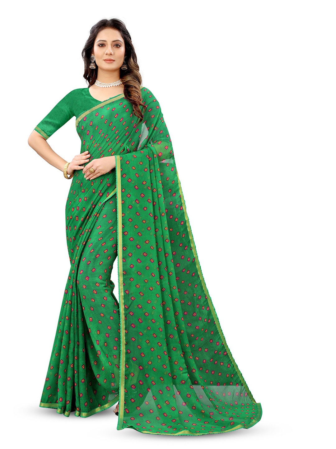 

DIVASTRI Bandhani Printed Pure Chiffon Jamdani Saree, Green