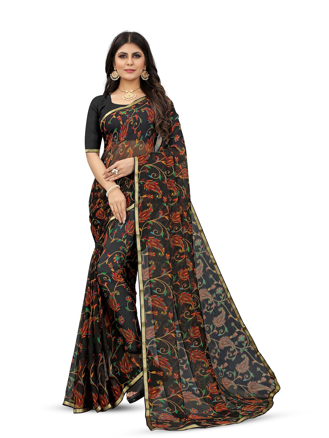 

DIVASTRI Paisley Printed Pure Chiffon Jamdani Saree, Blue