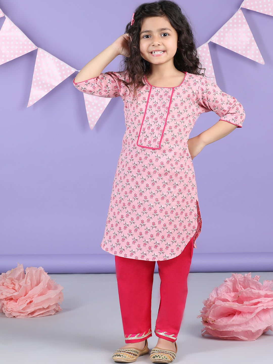 

Sangria Girls Printed Pure Cotton A-Line Kurta With Trouser, Pink