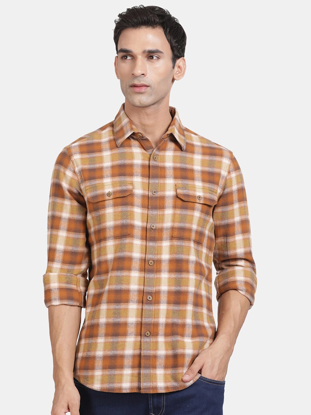 

t-base Men Opaque Checked Casual Shirt, Yellow