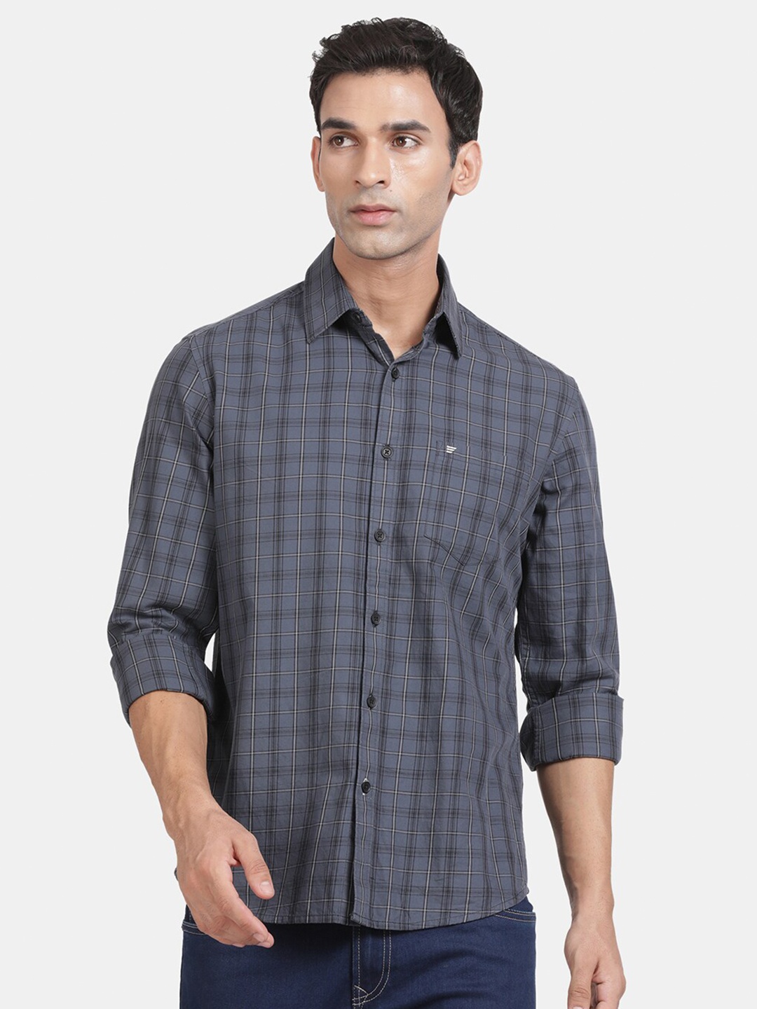 

t-base Men Opaque Checked Casual Shirt, Grey
