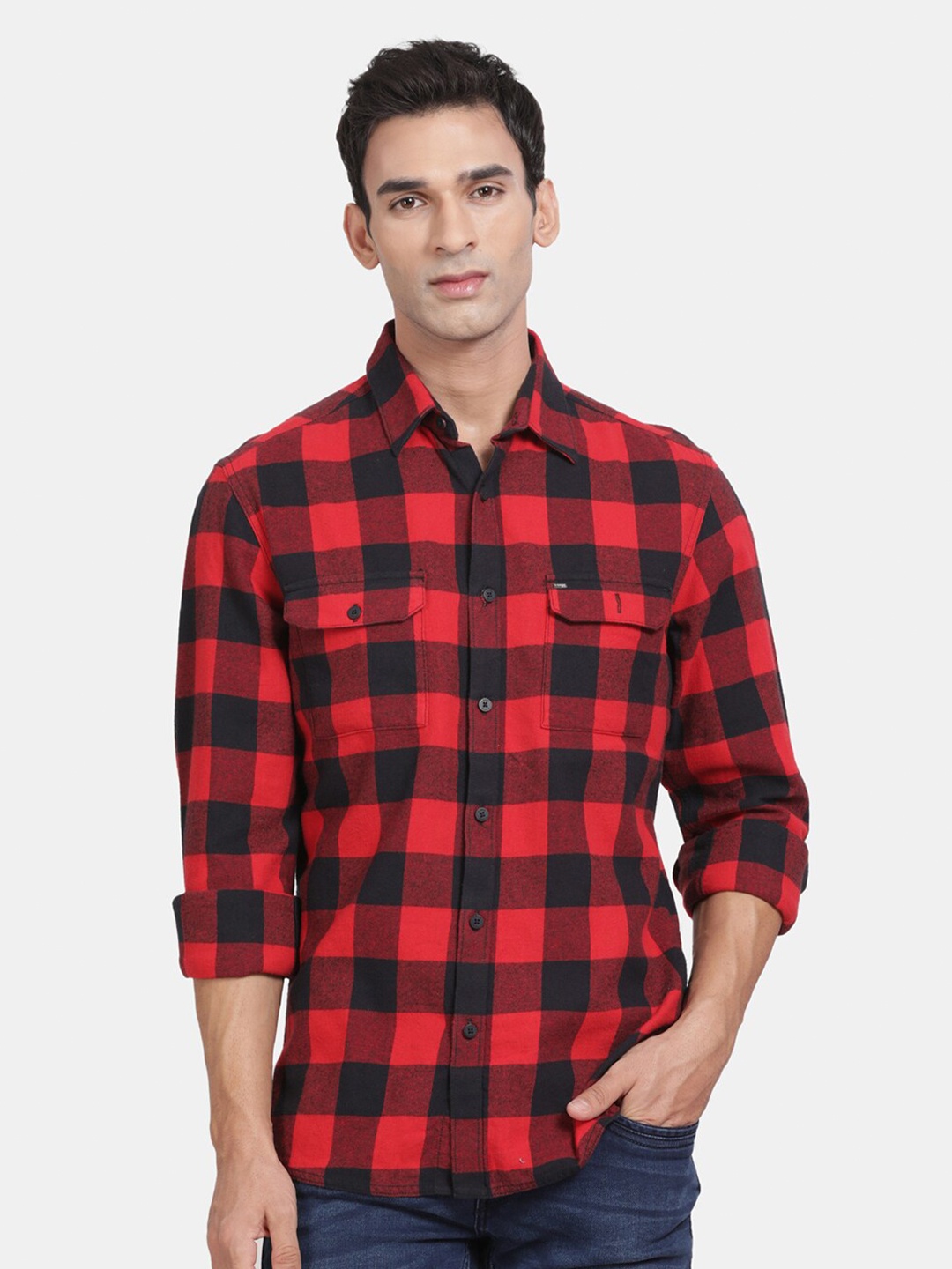 

t-base Men Buffalo Checks Opaque Checked Casual Shirt, Red