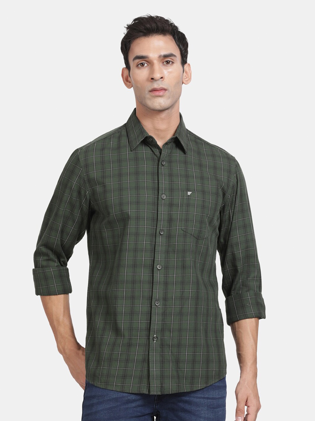 

t-base Men Opaque Checked Casual Shirt, Green