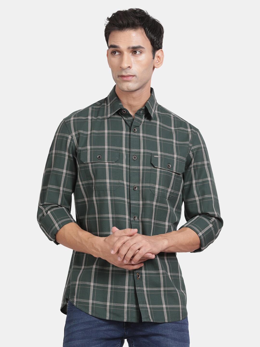 

t-base Men Windowpane Checks Opaque Checked Casual Shirt, Green