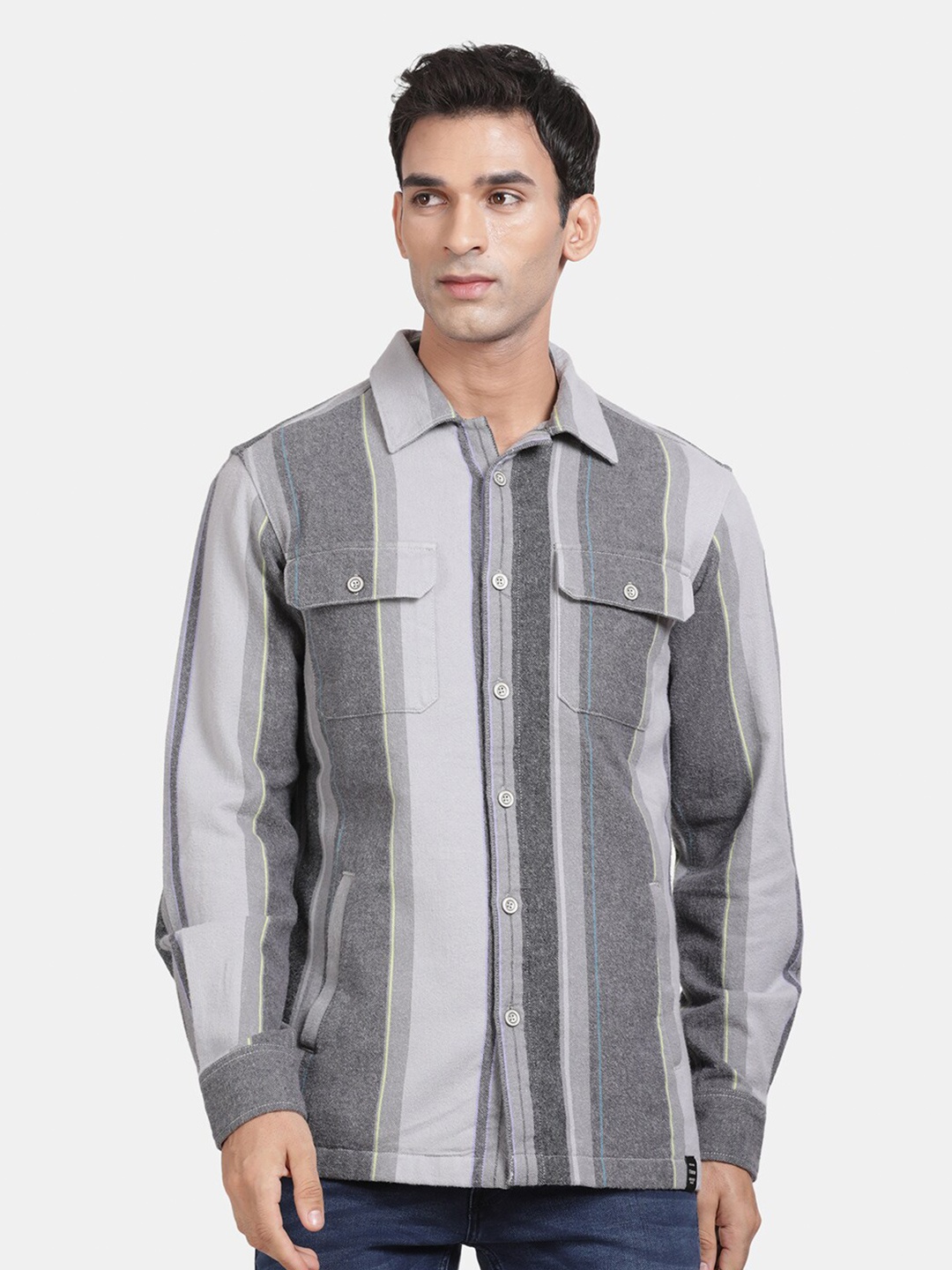 

t-base Men Opaque Striped Casual Shirt, Grey