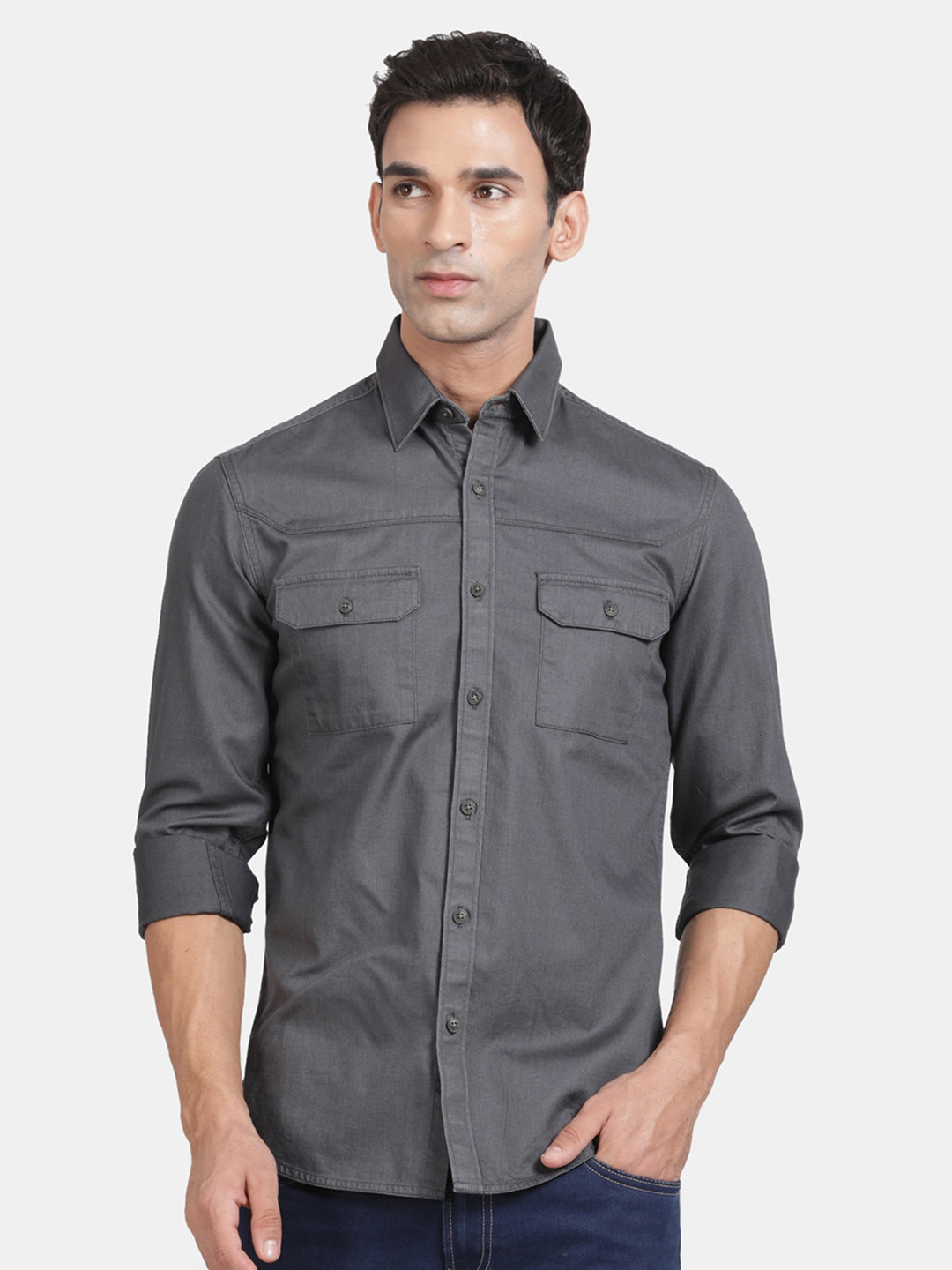 

t-base Men Opaque Casual Shirt, Grey