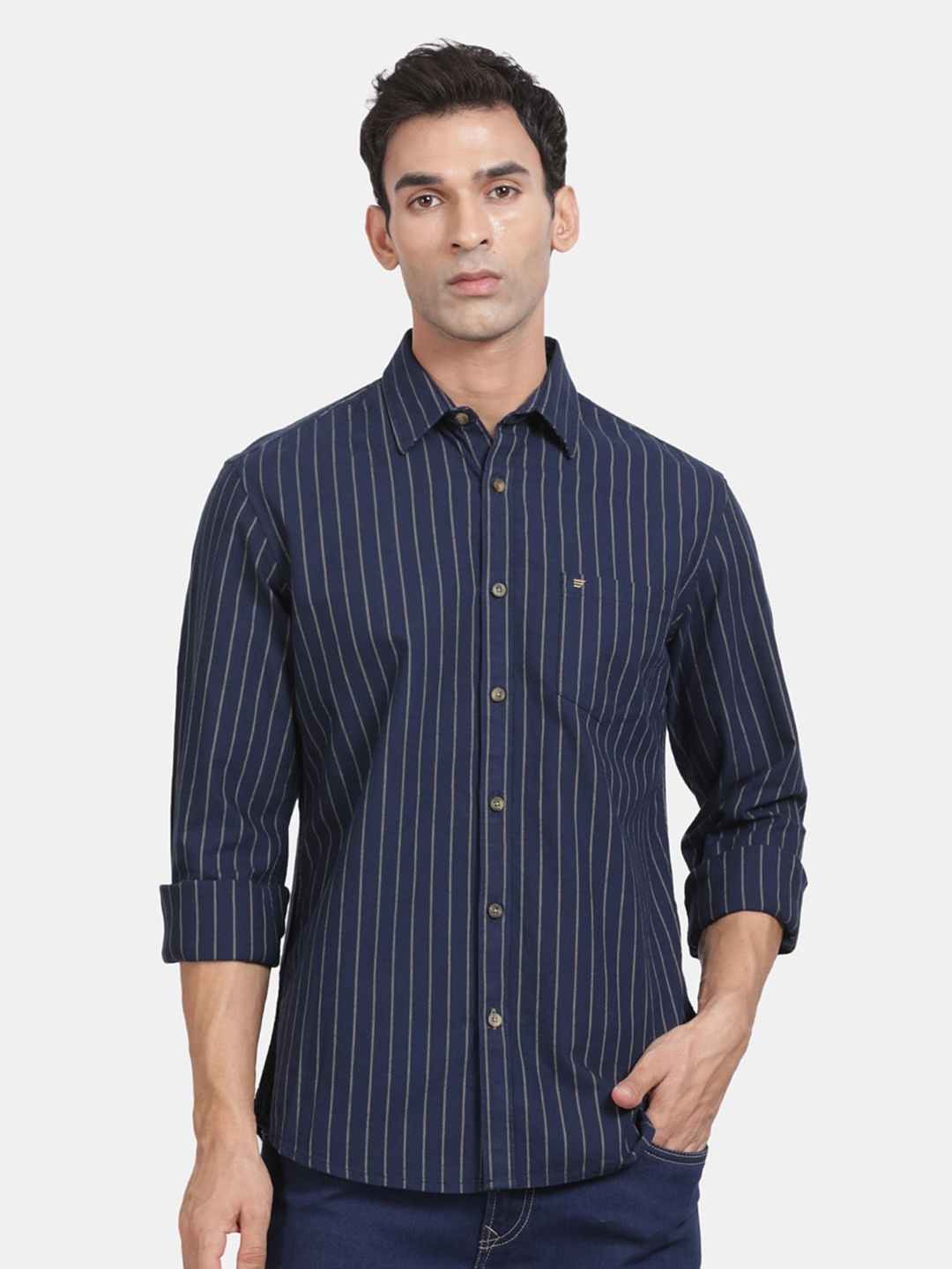 

t-base Men Opaque Striped Casual Shirt, Blue