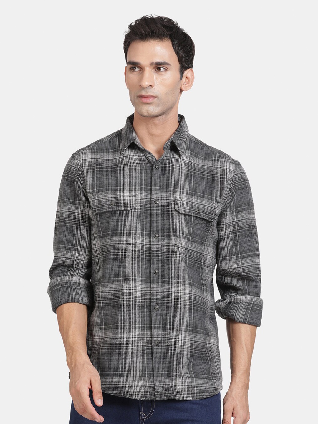 

t-base Men Opaque Checked Casual Shirt, Grey
