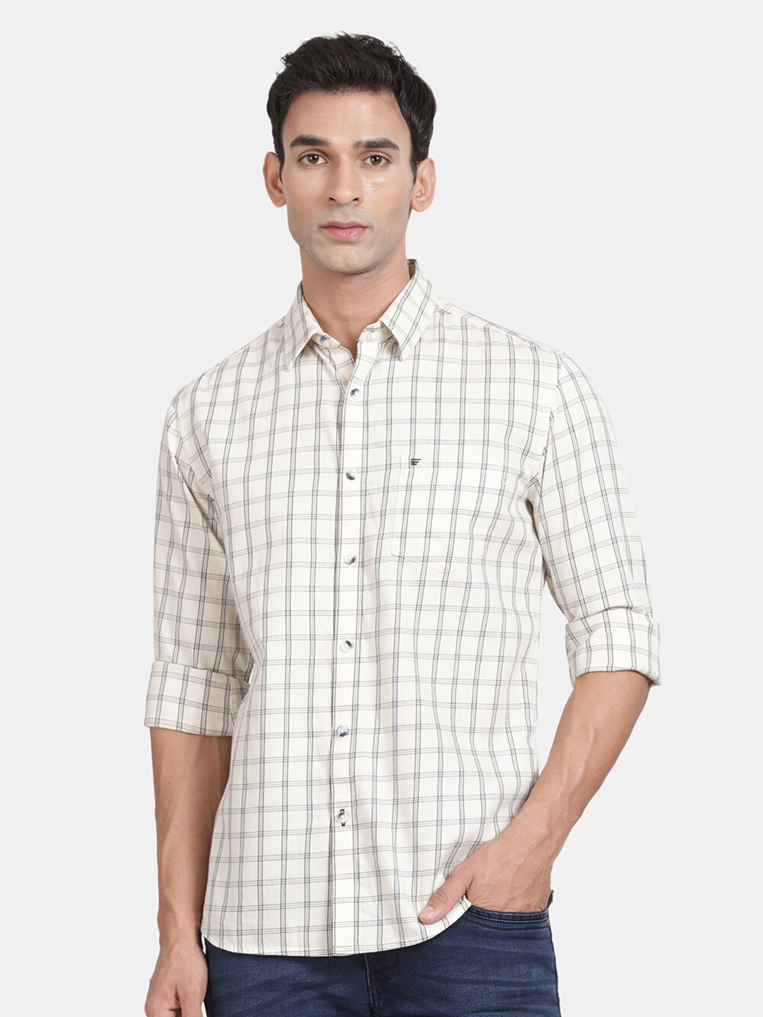 

t-base Men Opaque Checked Casual Shirt, White
