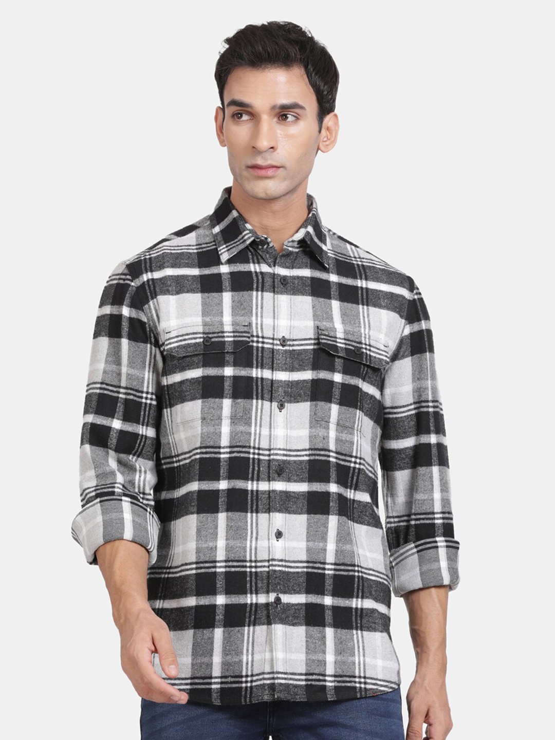 

t-base Men Tartan Checks Opaque Checked Casual Shirt, Grey