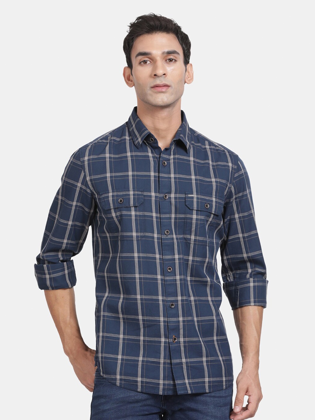 

t-base Men Opaque Checked Casual Shirt, Blue