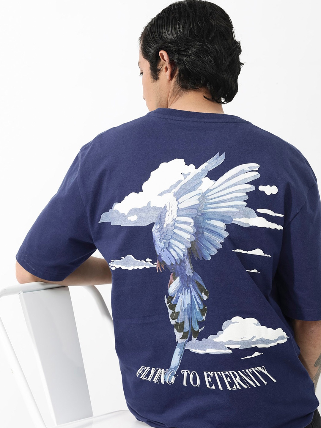 

RARE RABBIT Men Flyby Printed Oversized T-Shirt, Blue